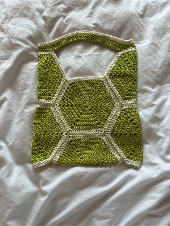 Handmade Handbags - Green Crochet Hexagon Shoulder Bag with Cream Trim
